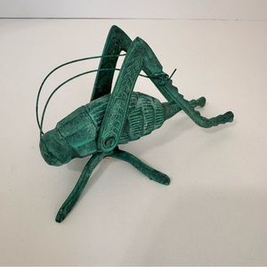 Vintage Catco Solid Brass Cricket Grasshopper Figurine Green Patina
